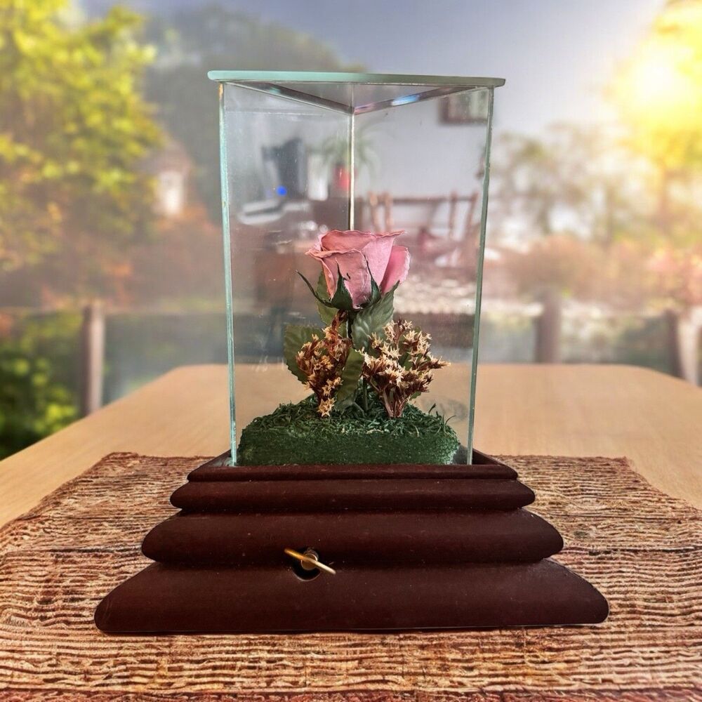 VTG Sankio Real Rose Music Box Triangle Acrylic & Wood Chesterseal Pink Rose
